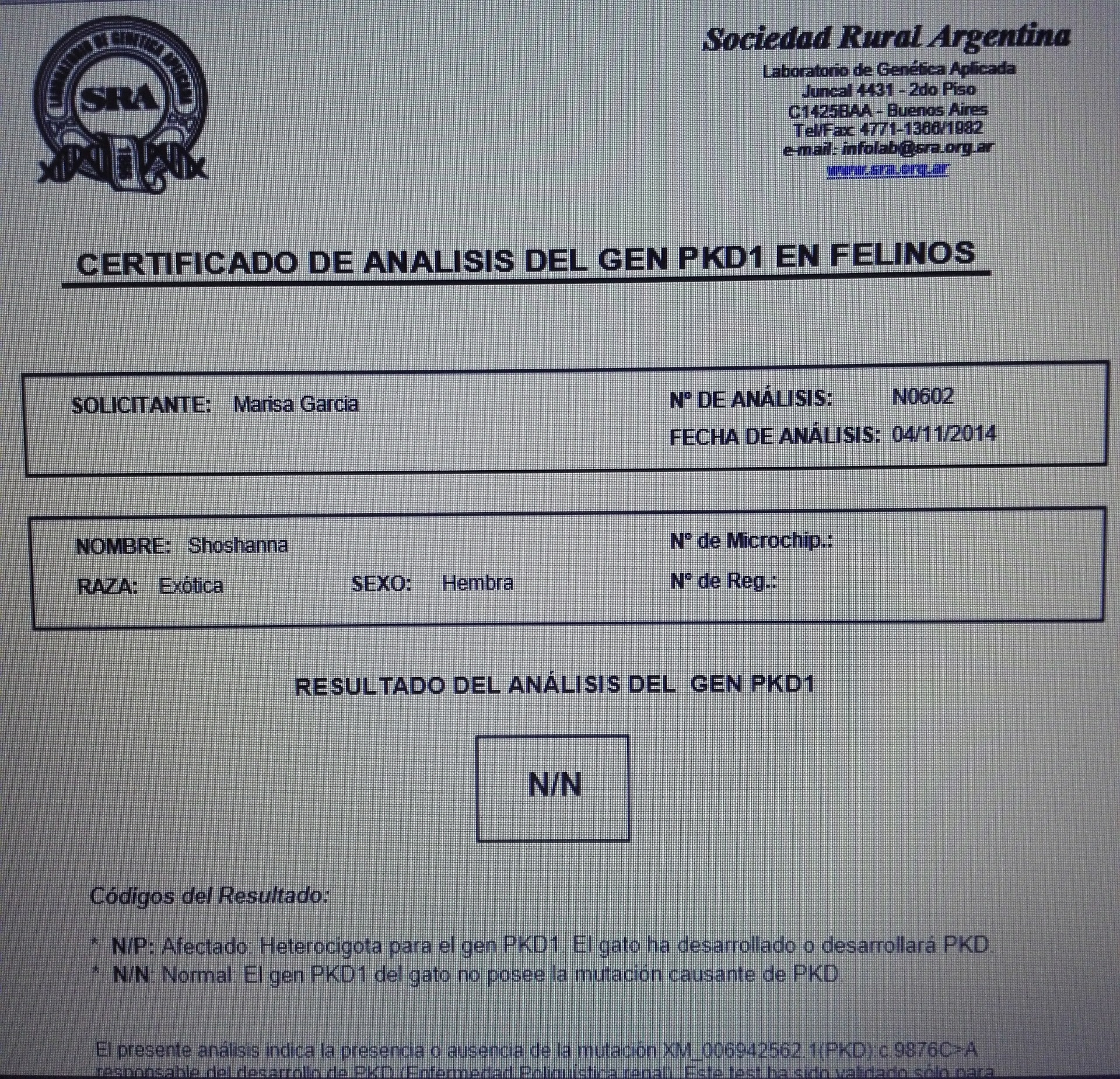 Así es un análisis de PKD expedido por el Laboratorio de Genética Aplicada de la Sociedad Rural Argentina.